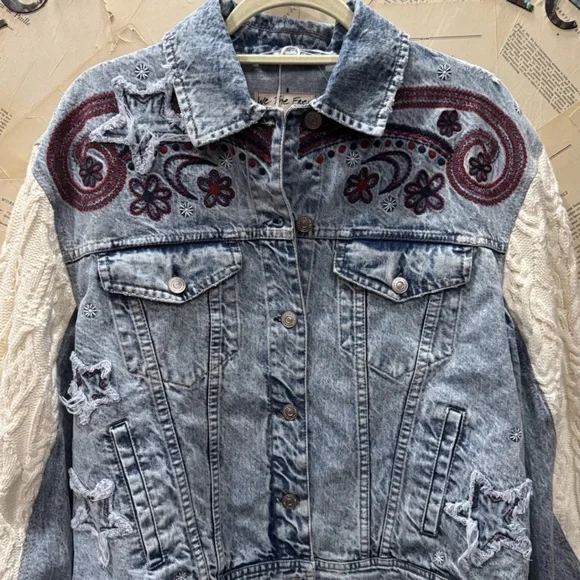 Free People Embroidered Denim Jacket Cable Knit Sleeves Slouchy Applique